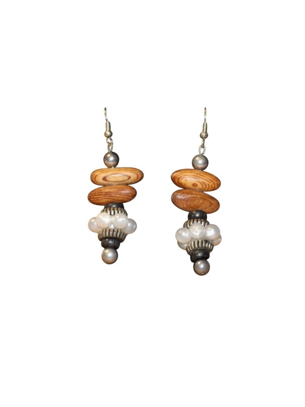 Vtg Bohemian Dangling Earrings Frosted White Beads Wood & Metal Accents Pierced